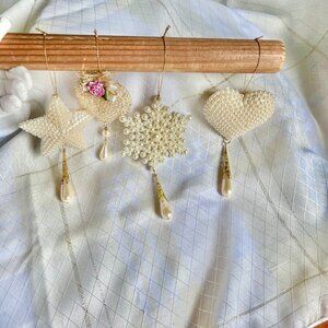 Set of Four Vintage Pearlescent Gold and Cream Seasonal Ornaments